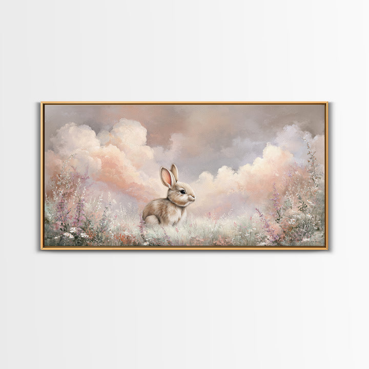 Soft Bunny in a Wildflower Meadow Canvas Print, Nursery Art, Nursery Wall Art, Nursery Decor, Watercolor Art, Nursery, NUR-2x1-73