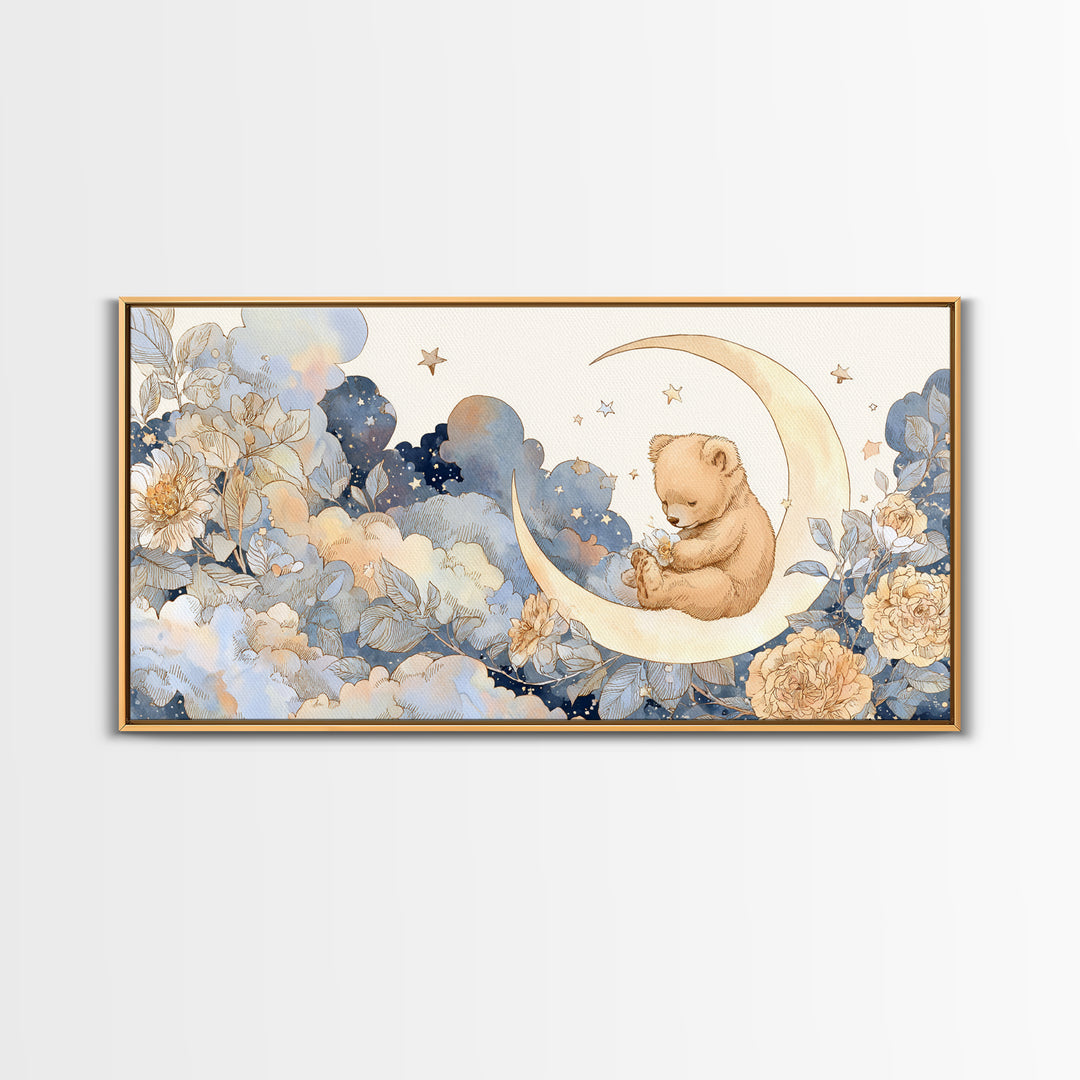 Baby Bear Floating on a Crescent Moon Canvas Print, Nursery Art, Printable Wall Art, Nursery Decor, Watercolor Art, Nursery, NUR-2x1-74