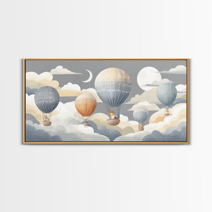 Floating Hot Air Balloon Framed Canvas Print, Nursery Art, Butterfly Wall Art, Nursery Decor, Nursery, Woodland Nursery Art, NUR-2x1-80