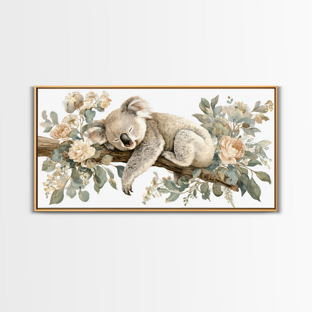 Sleeping Koala on Eucalyptus Branch Framed Canvas Print, Nursery Art, Nursery, Nursery Decor, Nursery, Playroom Wall Decor, NUR-2x1-81