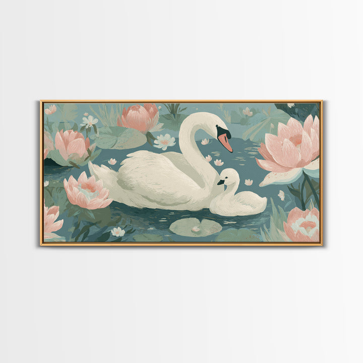 Swan and Cygnet Framed Canvas Print, Nursery Art, Digital Download Art, Nursery Decor, Fine Art, Nursery, Whimsical Wall Art, NUR-2x1-84