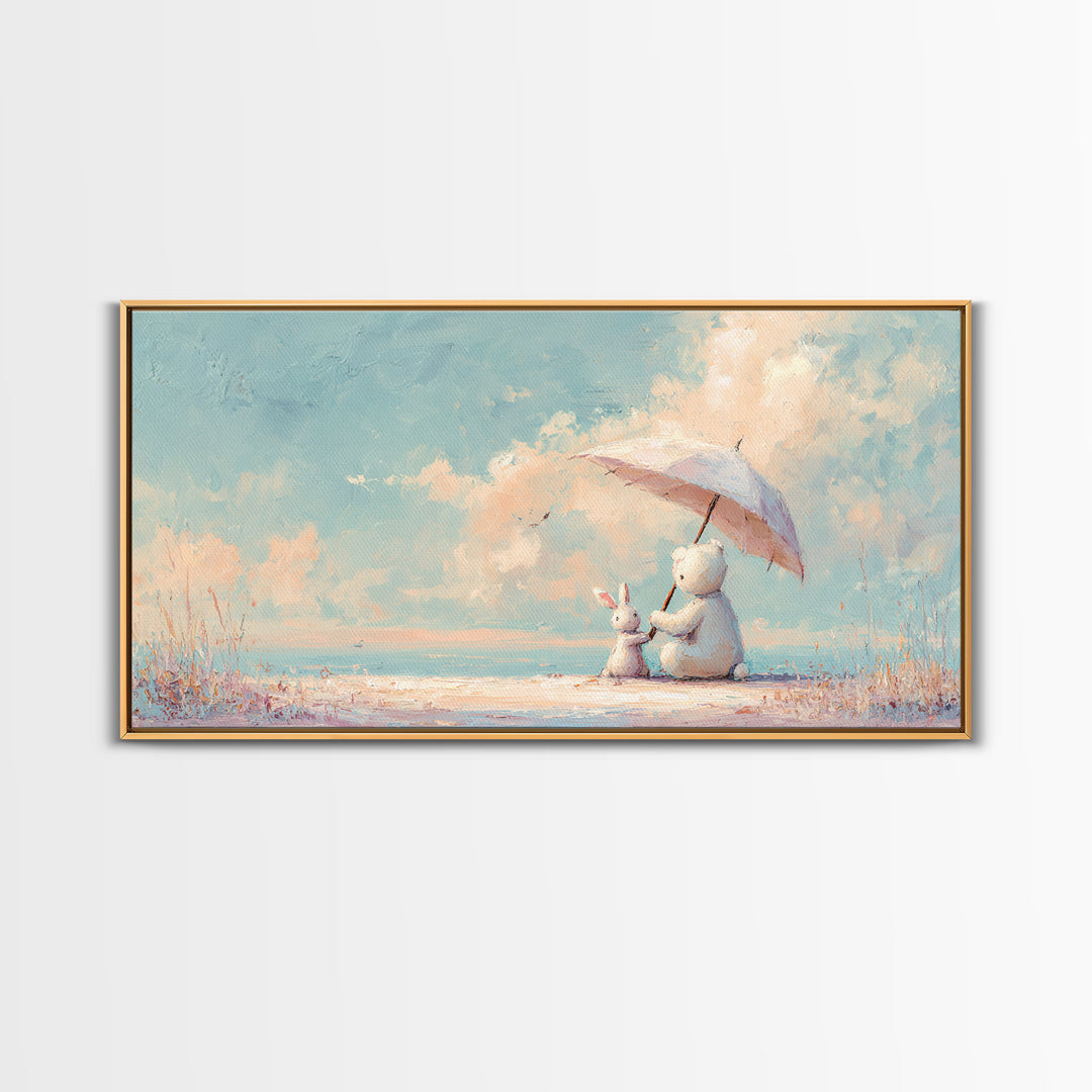 Bear and Rabbit Sharing Umbrella Framed Canvas Print, Nursery Art, Wall Art Print, Nursery Decor, Nursery, Baby Girl Nursery, NUR-2x1-85