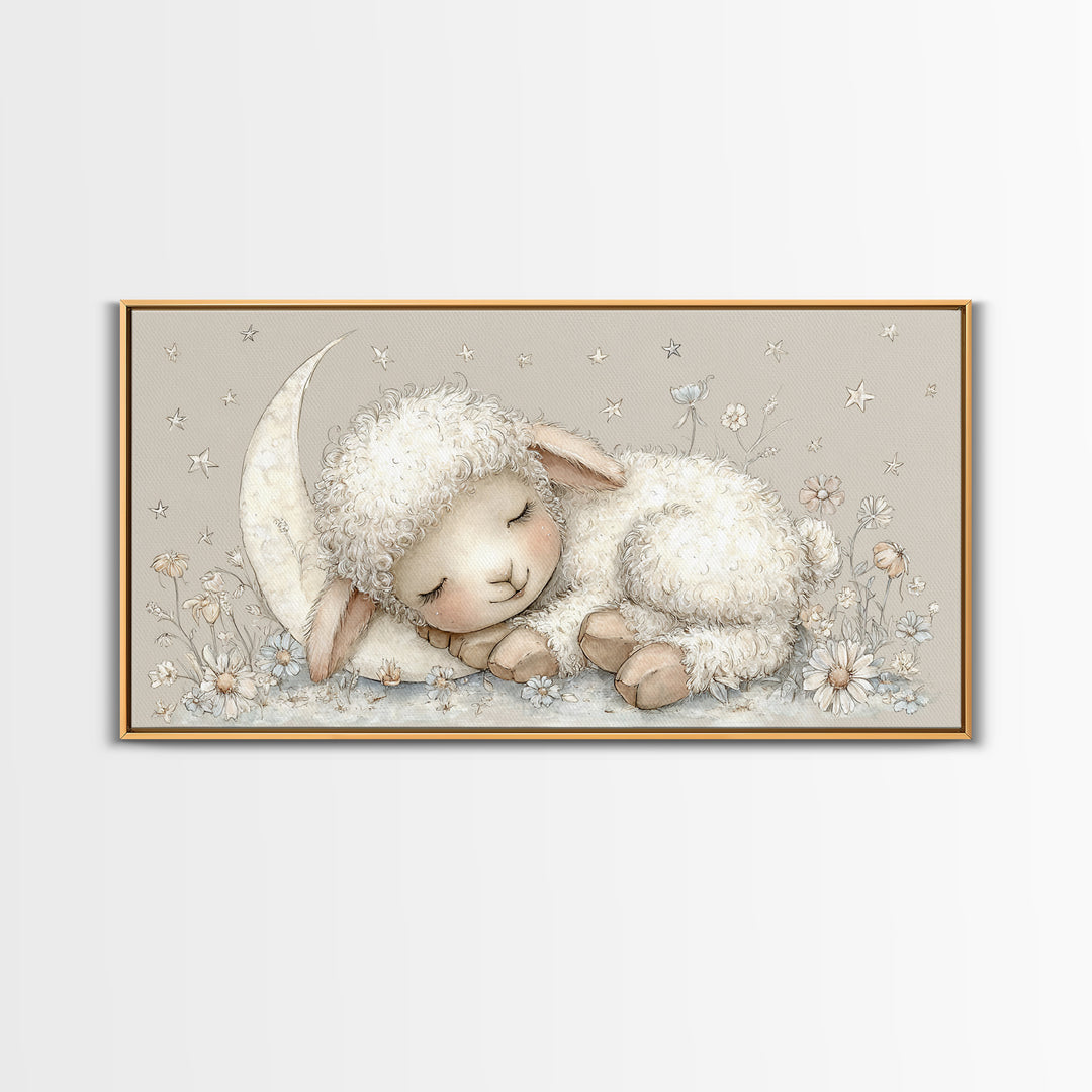 Little Lamb under a Starry Sky Framed Canvas Print, Nursery Art, Playroom Wall Decor, Nursery Decor, Fine Art, Nursery, NUR-2x1-87