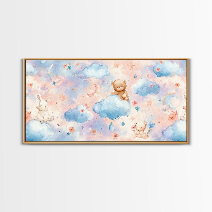 Clouds and Raindrops Framed Canvas Print, Nursery Art, Art Print, Nursery Decor, Oil Painting, Nursery 190, Wall Art Set of, NUR-2x1-90