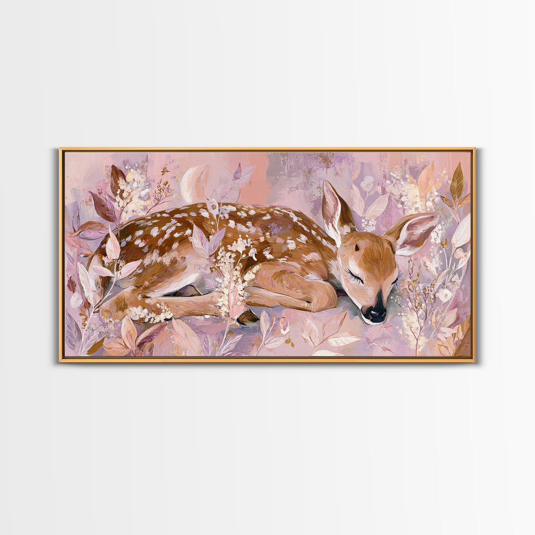 Deer Fawn Sleeping Framed Canvas Print, Nursery Art, Nursery Wall Art, Nursery Decor, Fine Art, Nursery, Woodland Nursery, NUR-2x1-91