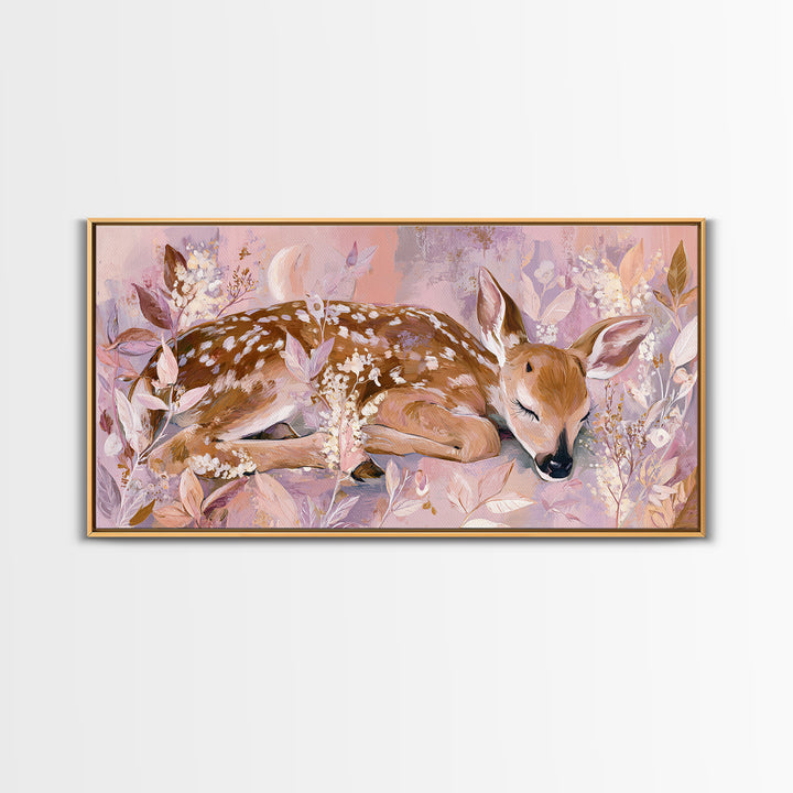 Deer Fawn Sleeping Framed Canvas Print, Nursery Art, Nursery Wall Art, Nursery Decor, Fine Art, Nursery, Woodland Nursery, NUR-2x1-91