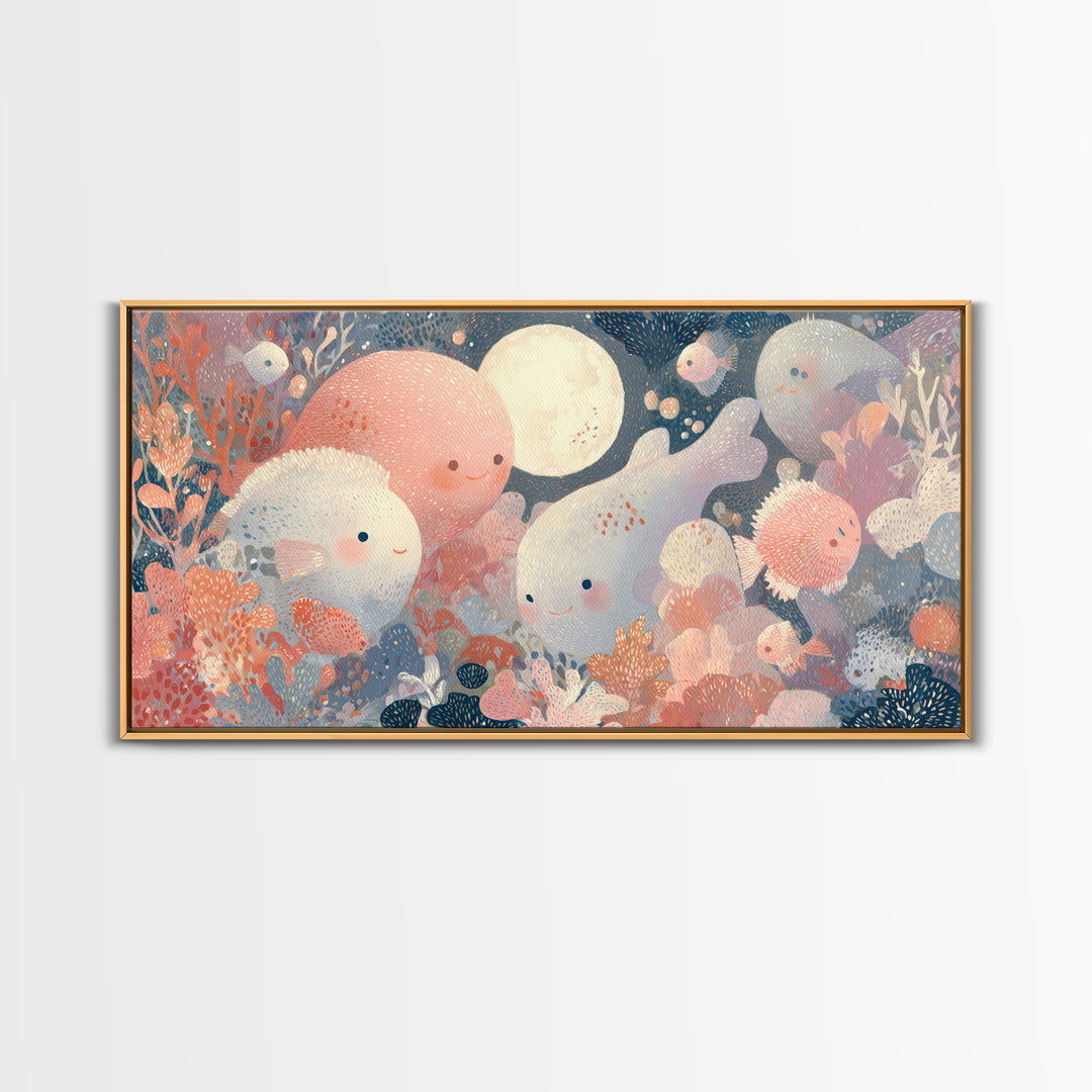 Friendly Ocean Creatures Framed Canvas Print, Nursery Art, Playroom Decor, Nursery Decor, Fine Art, Nursery, Kids Room Wall Art, NUR-2x1-92