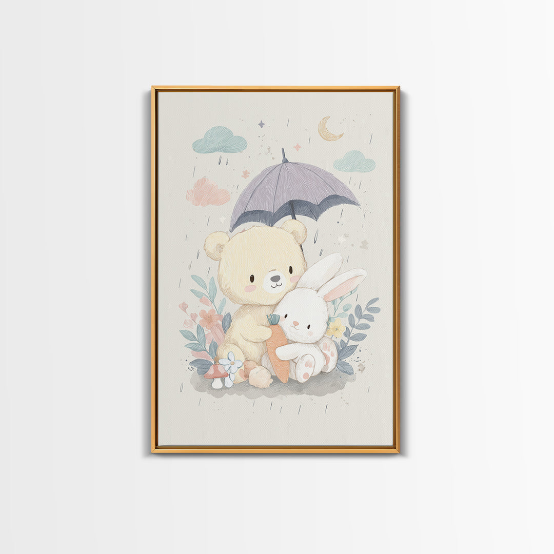 Bear and Rabbit Sharing Umbrella Framed Canvas Print, Nursery Art, Wall Art, Nursery Decor, Fine Art, Nursery, Nursery Prints, NUR-2x3-1