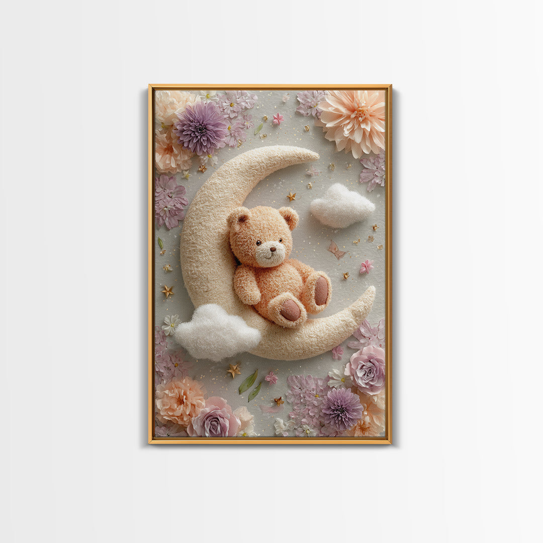 Baby Bear Floating on a Crescent Moon Canvas Print, Nursery Art, Luxury Decor, Nursery Decor, Oil Painting, Nursery, NUR-2x3-14