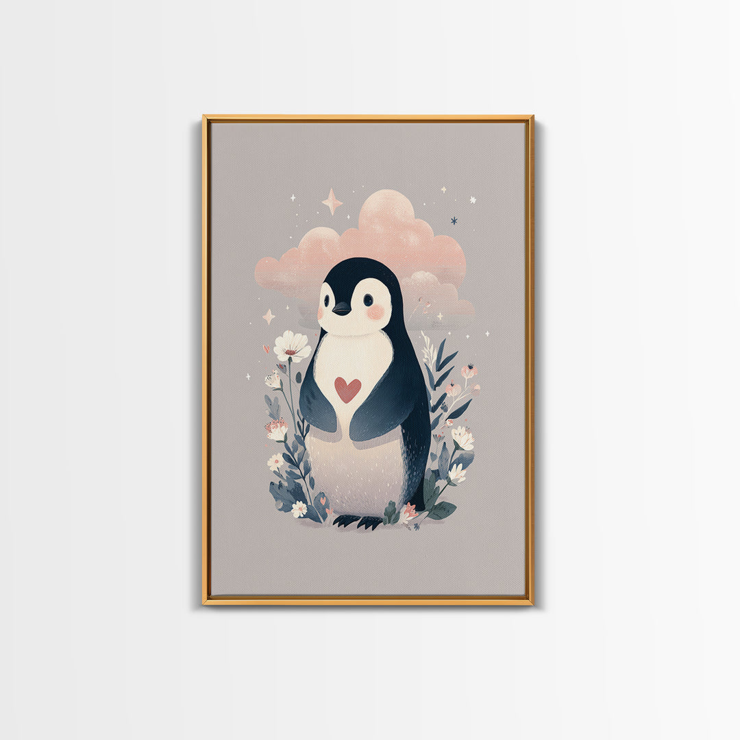Penguin Holding a Little Heart Shape Framed Canvas Print, Nursery Art, Room Decor, Nursery Decor, Abstract Art, Nursery, NUR-2x3-18