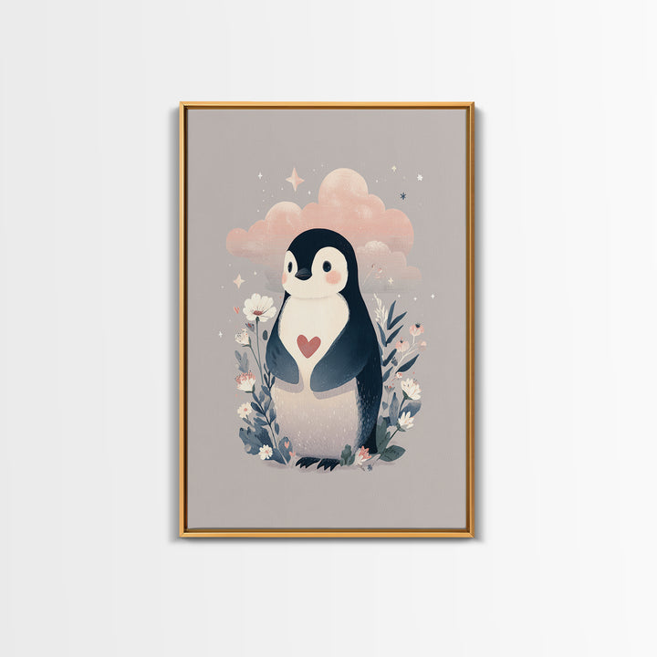 Penguin Holding a Little Heart Shape Framed Canvas Print, Nursery Art, Room Decor, Nursery Decor, Abstract Art, Nursery, NUR-2x3-18