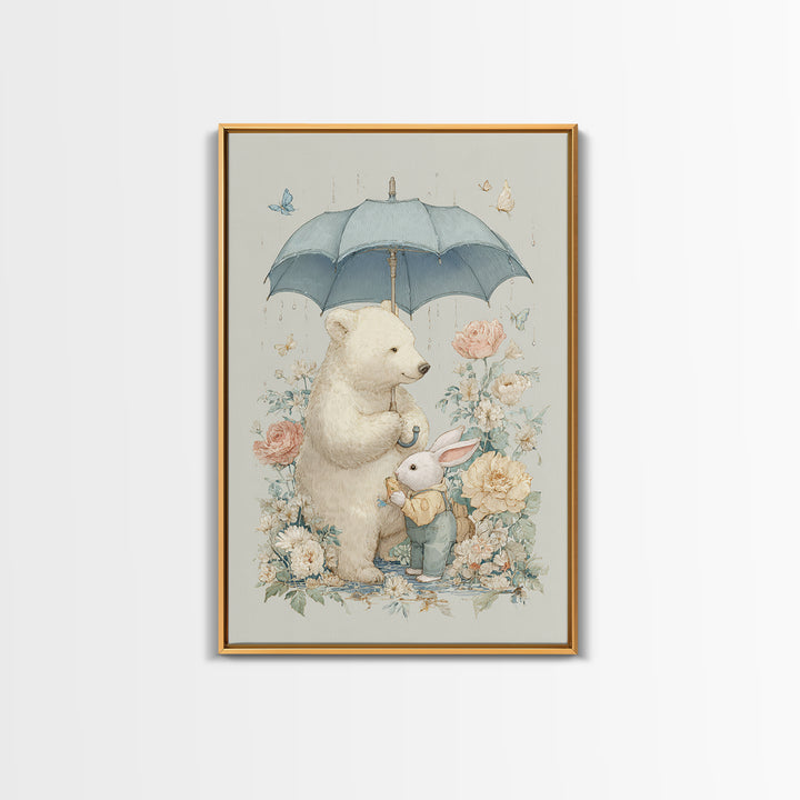 Bear and Rabbit Sharing Umbrella Framed Canvas Print, Nursery Art, Wall Art, Nursery Decor, Fine Art, Nursery, Nursery Prints, NUR-2x3-25