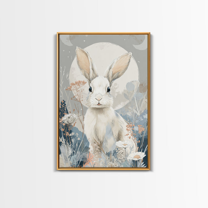 Soft Bunny in a Wildflower Meadow Framed Canvas Print, Nursery Art, Digital Art, Nursery Decor, Nursery, Girl Nursery Decor, NUR-2x3-37