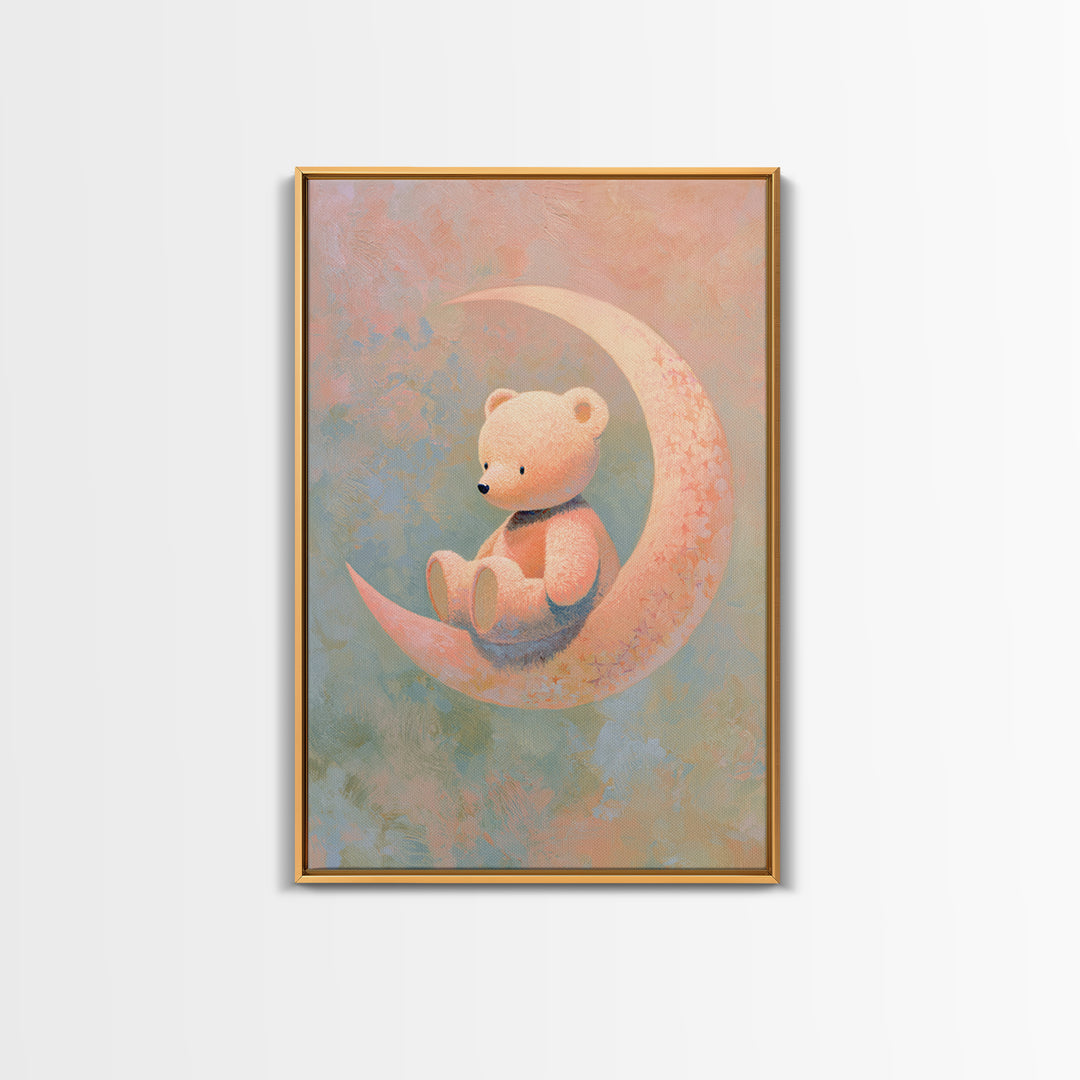 Baby Bear Floating on a Crescent Moon Framed Canvas Print, Nursery Art, Wall Art, Nursery Decor, Nursery, Nursery Prints, NUR-2x3-38