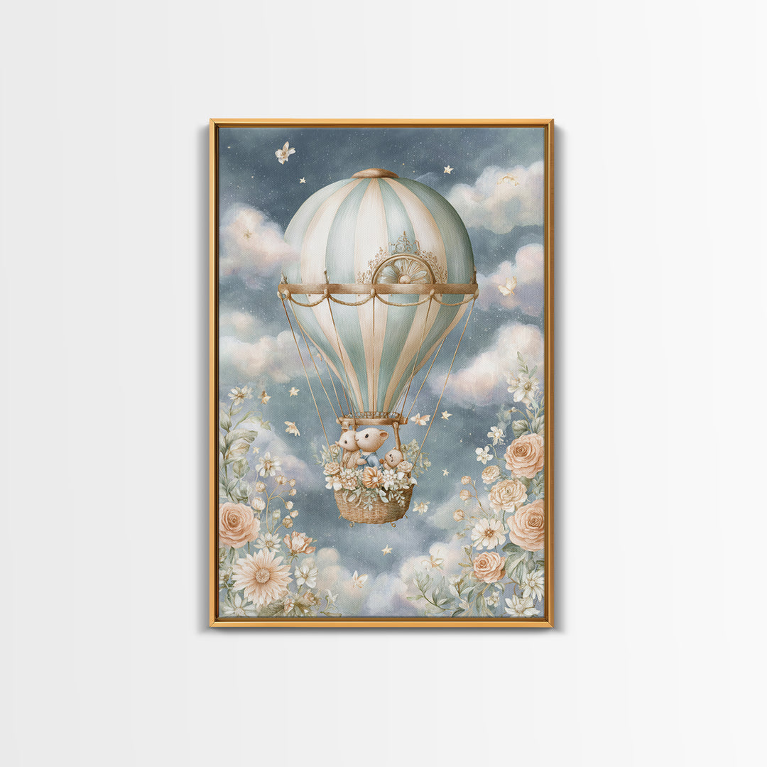 Floating Hot Air Balloon Framed Canvas Print, Nursery Art, Woodland Nursery Art, Nursery Decor, Watercolor Art, Nursery, NUR-2x3-44