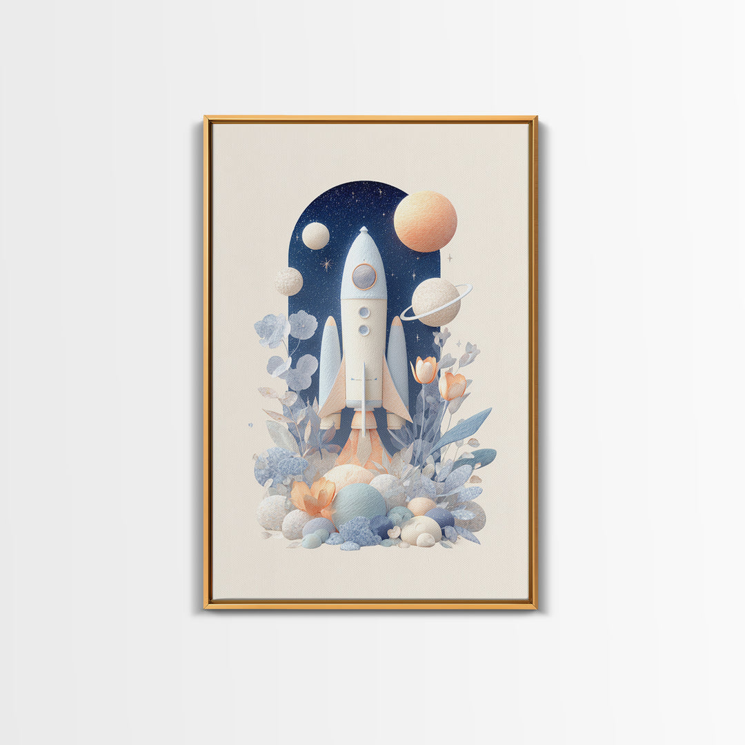 Rocket Ship and Smiling Planets Framed Canvas Print, Nursery Art, Nursery Wall Art, Nursery Decor, Oil Painting, Nursery, NUR-2x3-53