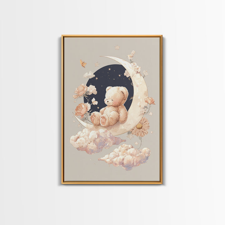Baby Bear Floating on a Crescent Moon Canvas Print, Nursery Art, Nursery Decor, Abstract Art, Nursery, Kids Wall Art, NUR-2x3-62