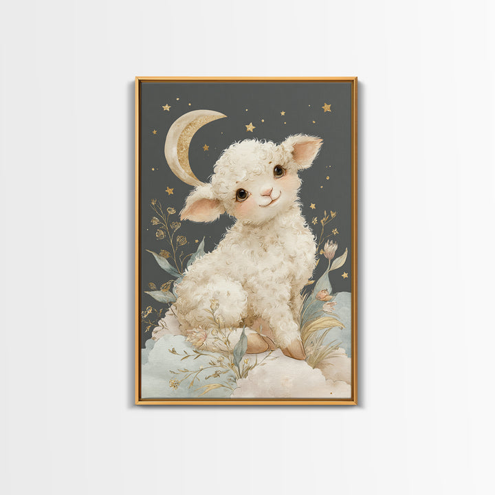 Little Lamb under a Starry Sky Framed Canvas Print, Nursery Art, Nursery Wall Art, Nursery Decor, Nursery, Woodland Nursery, NUR-2x3-75