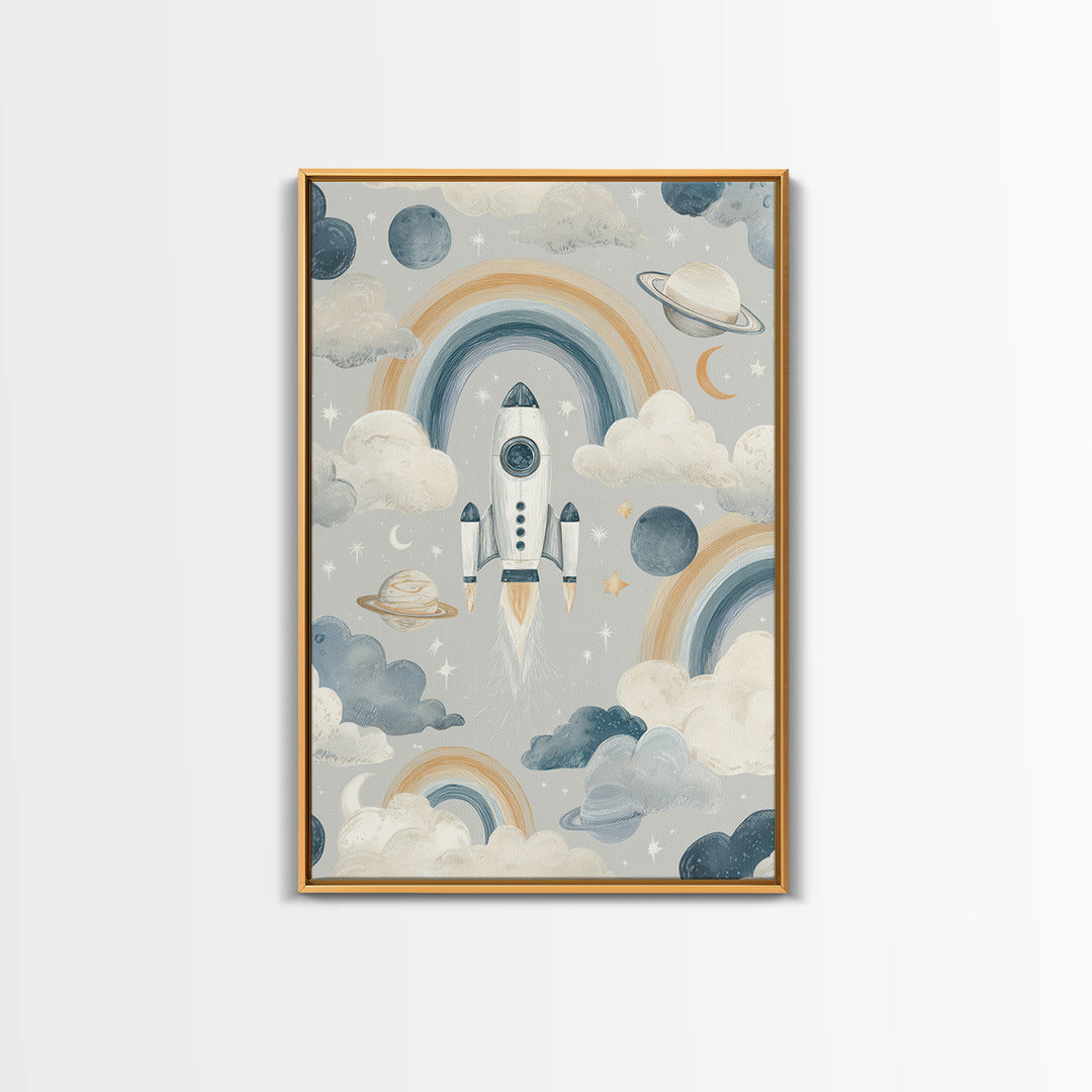 Rocket Ship and Smiling Planets Canvas Print, Nursery Art, Nursery Prints, Nursery Decor, Fine Art, Nursery, Kids Wall Decor, NUR-2x3-77