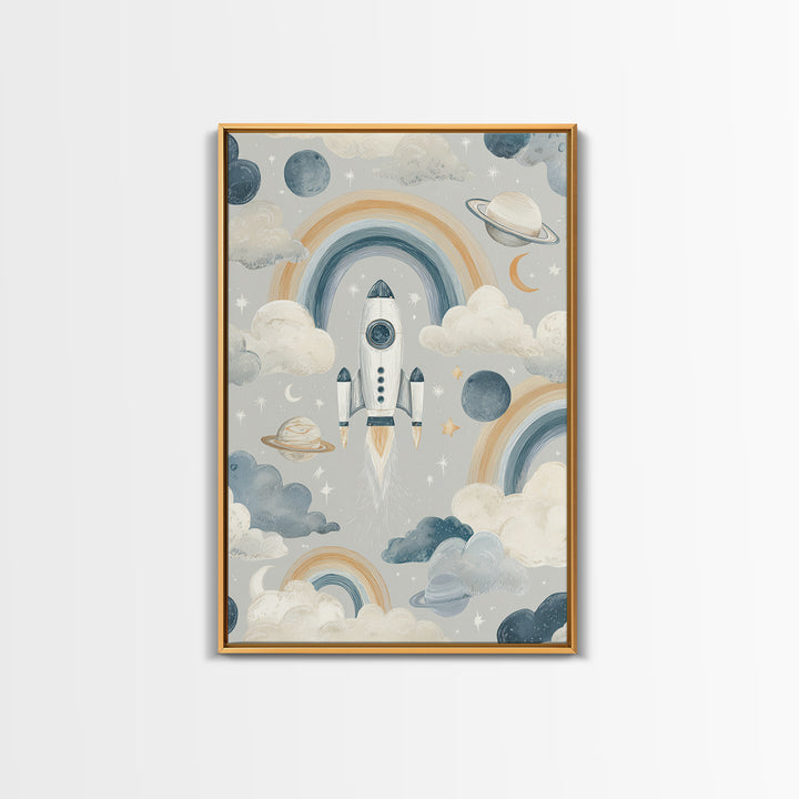 Rocket Ship and Smiling Planets Canvas Print, Nursery Art, Nursery Prints, Nursery Decor, Fine Art, Nursery, Kids Wall Decor, NUR-2x3-77