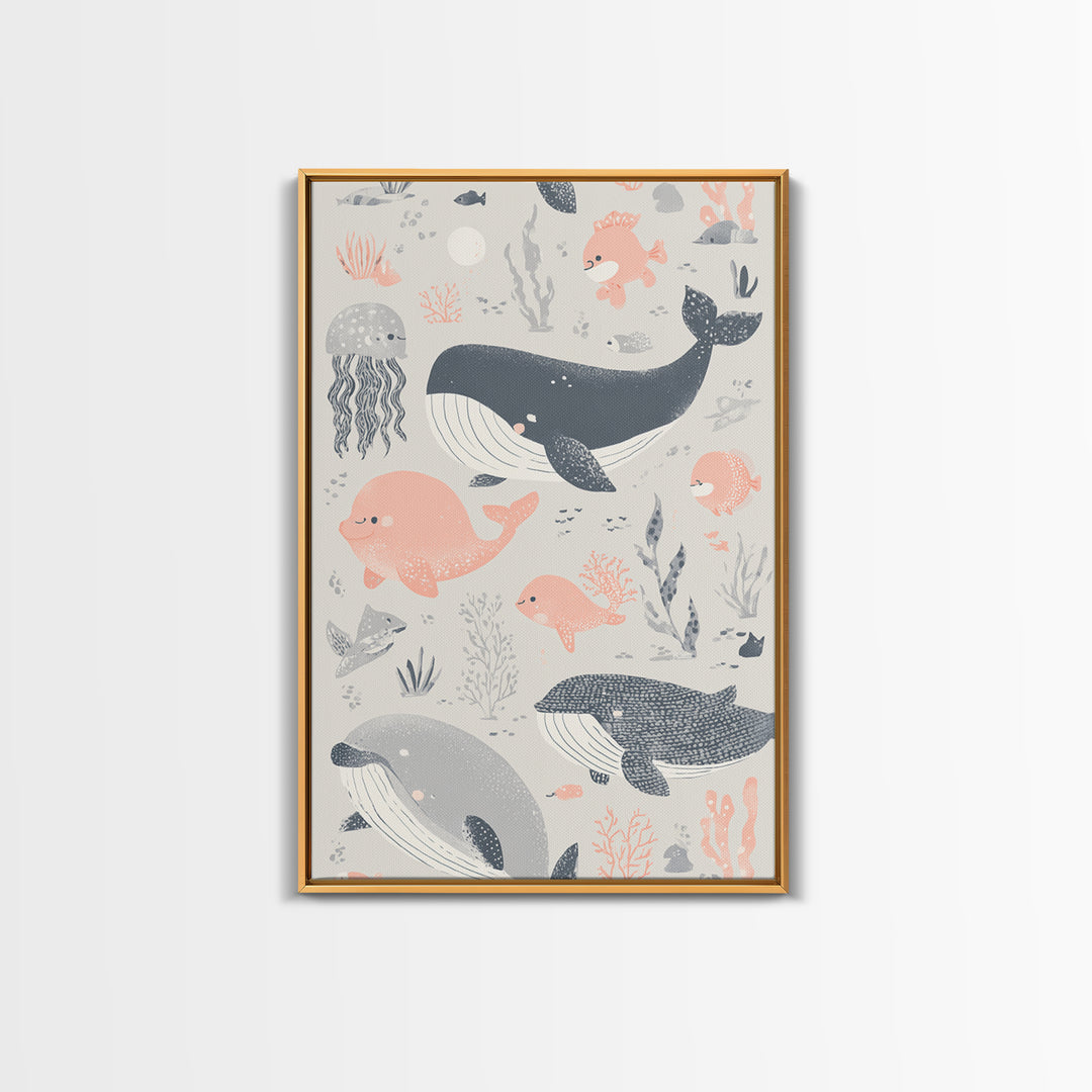Friendly Ocean Creatures Framed Canvas Print, Nursery Art, Contemporary Art, Nursery Decor, Fine Art, Nursery, Nursery Prints, NUR-2x3-80