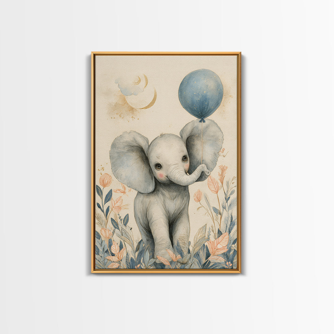 Sleepy Baby Elephant Holding a Tiny Balloon Canvas Print, Nursery Art, Playroom Decor, Nursery Decor, Oil Painting, Nursery, NUR-2x3-81
