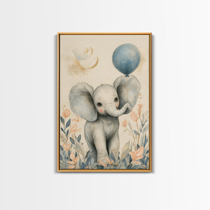 Sleepy Baby Elephant Holding a Tiny Balloon Canvas Print, Nursery Art, Playroom Decor, Nursery Decor, Oil Painting, Nursery, NUR-2x3-81