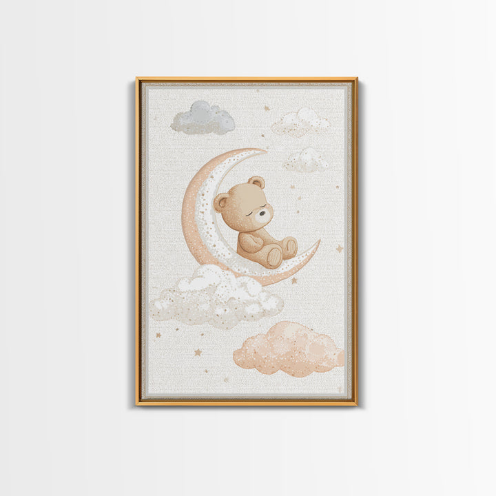 Baby Bear Floating on a Crescent Moon Canvas Print, Nursery Art, Nursery Decor, Abstract Art, Nursery, Kids Wall Art, NUR-2x3-86