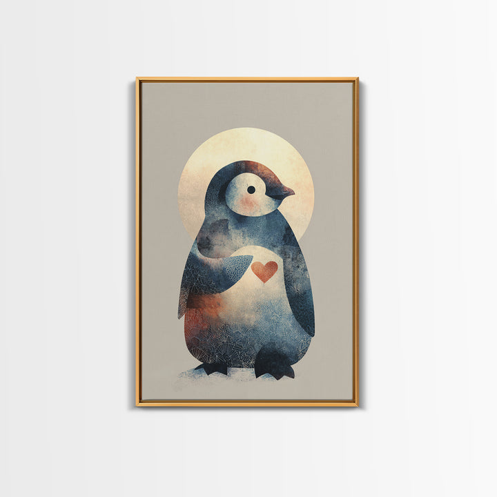 Penguin Holding a Little Heart Shape Framed Canvas Print, Nursery Art, Nursery Wall Art, Nursery Decor, Fine Art, Nursery, NUR-2x3-90