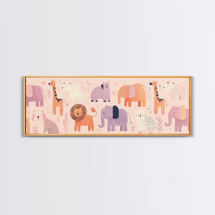 Pastel Jungle Animals Framed Canvas Print, Nursery Art, Wall Decor, Nursery Decor, Fine Art, Nursery, Playroom Decor, NUR-3x1-10