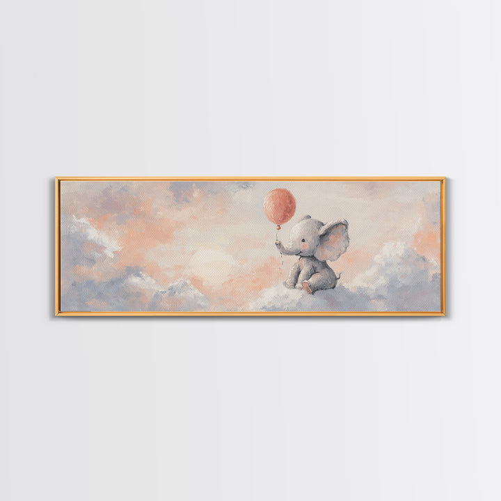 Sleepy Baby Elephant Holding a Tiny Balloon Framed Canvas Print, Nursery Art, Digital Download Art, Nursery Decor, Nursery, NUR-3x1-17