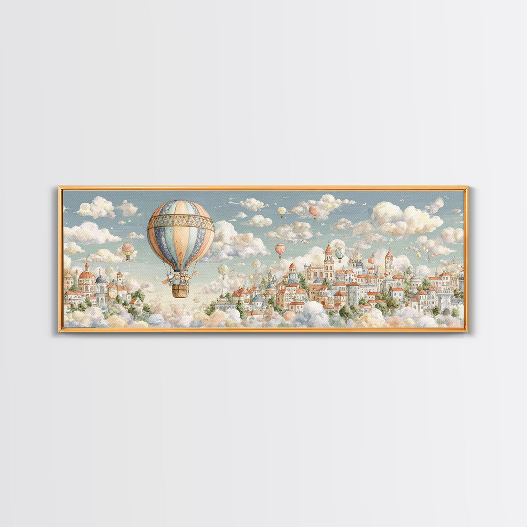 Floating Hot Air Balloon Framed Canvas Print, Nursery Art, Kids Room Art, Nursery Decor, Oil Painting, Nursery, NUR-3x1-28