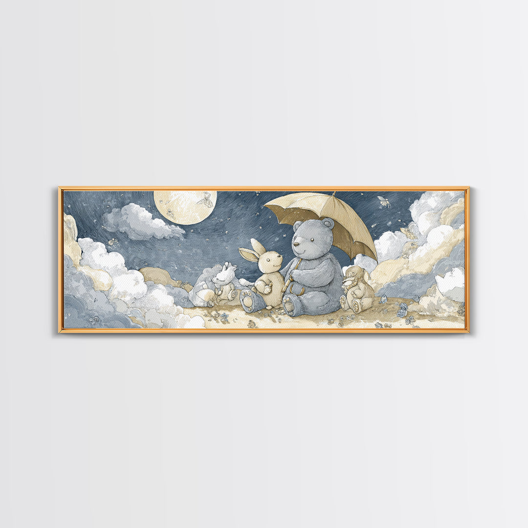 Bear and Rabbit Sharing Umbrella Canvas Print, Nursery Art, Girl Nursery Decor, Nursery Decor, Fine Art, Nursery, Kids Room Art, NUR-3x1-33