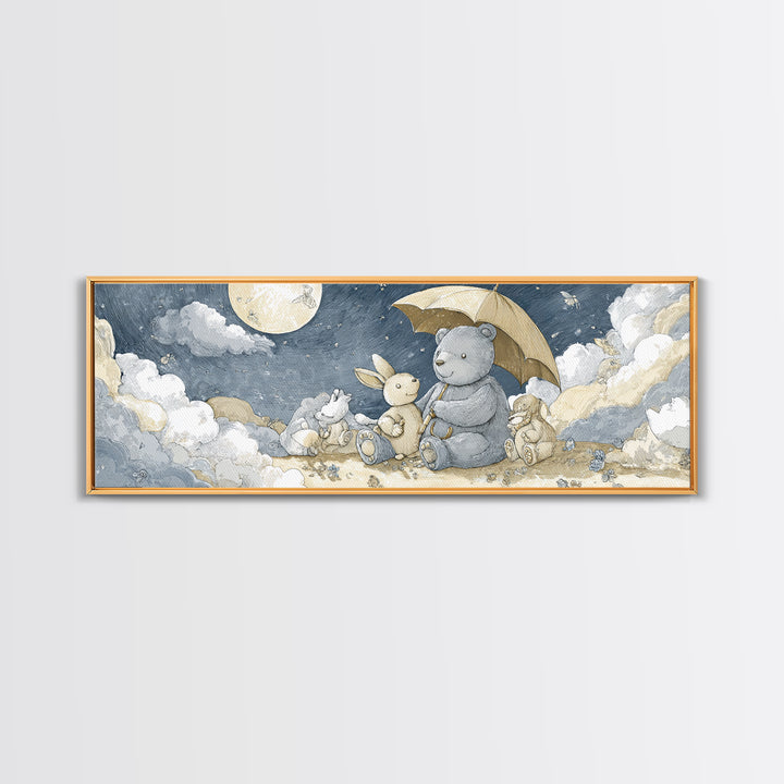 Bear and Rabbit Sharing Umbrella Canvas Print, Nursery Art, Girl Nursery Decor, Nursery Decor, Fine Art, Nursery, Kids Room Art, NUR-3x1-33