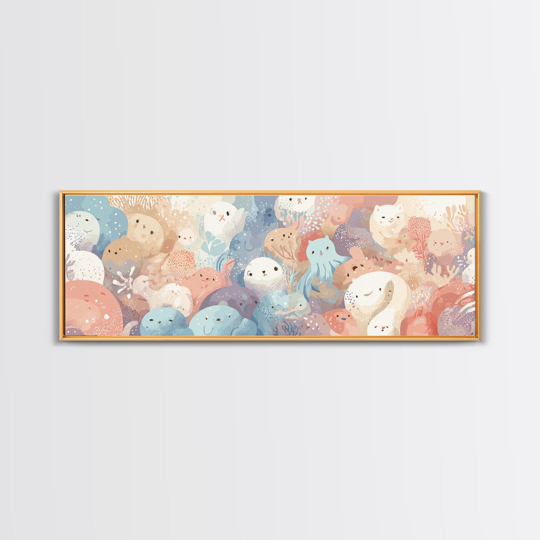 Friendly Ocean Creatures Canvas Print, Nursery Art, Home Decor, Nursery Decor, Oil Painting, Nursery, Contemporary Art, NUR-3x1-40