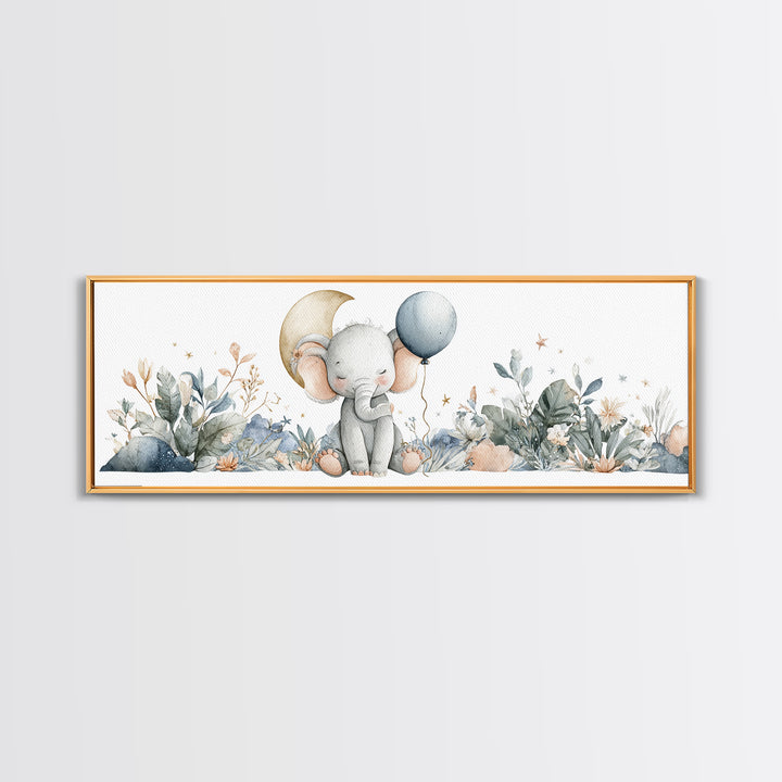 Sleepy Baby Elephant Holding a Tiny Balloon Canvas Print, Nursery Art, Playroom Wall Art, Nursery Decor, Watercolor Art, NUR-3x1-41