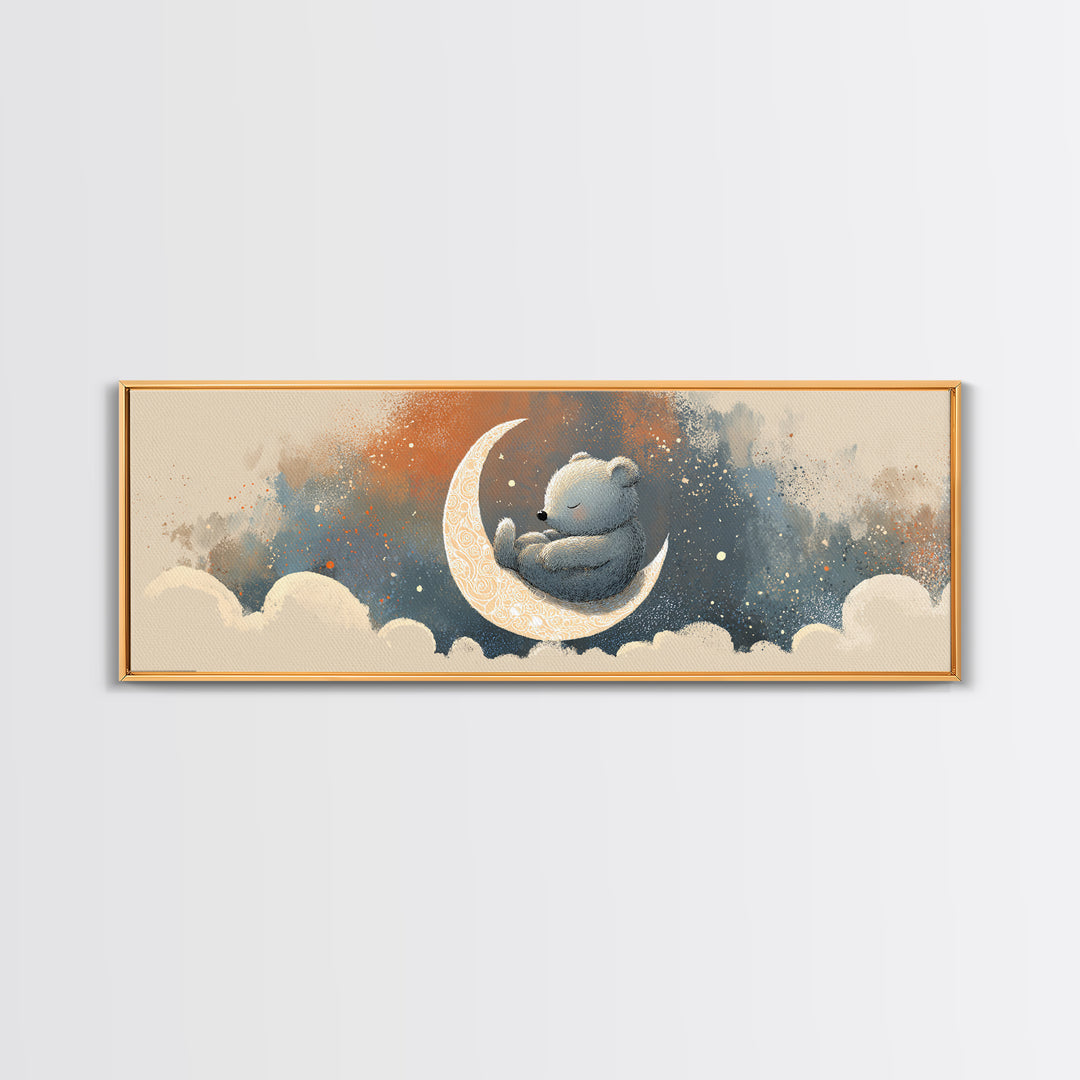 Baby Bear Floating on a Crescent Moon Canvas Print, Nursery Art, Girl Nursery Decor, Nursery Decor, Fine Art, Nursery, NUR-3x1-46