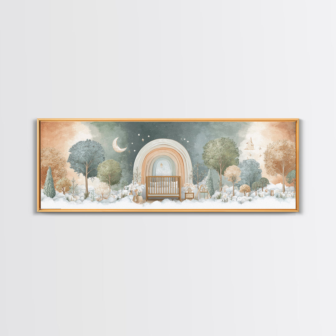 Rainbow Arch with Muted Nursery Colors Framed Canvas Print, Nursery Art, Digital Art, Nursery Decor, Oil Painting, Nursery, NUR-3x1-47