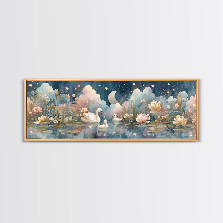 Swan and Cygnet Framed Canvas Print, Nursery Art, Textured Painting, Nursery Decor, Fine Art, Nursery, Wall Art Print, NUR-3x1-56