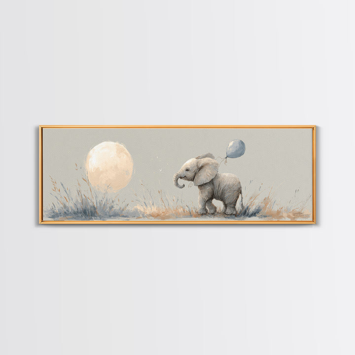 Sleepy Baby Elephant Holding a Tiny Balloon Canvas Print, Nursery Art, Playroom Wall Art, Nursery Decor, Watercolor Art, NUR-3x1-65