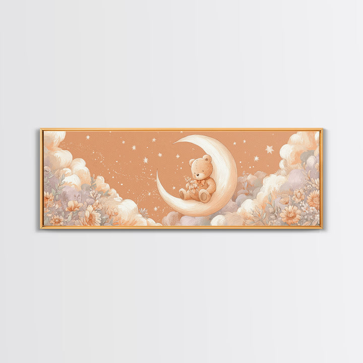Baby Bear Floating on a Crescent Moon Canvas Print, Nursery Art, Luxury Decor, Nursery Decor, Oil Painting, Nursery, NUR-3x1-70