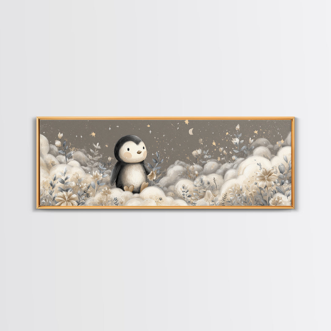 Penguin Holding a Little Heart Shape Framed Canvas Print, Nursery Art, Butterfly Wall Art, Nursery Decor, Fine Art, Nursery, NUR-3x1-74