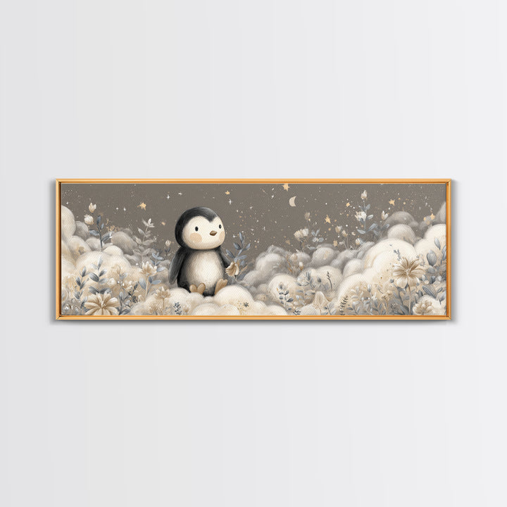 Penguin Holding a Little Heart Shape Framed Canvas Print, Nursery Art, Butterfly Wall Art, Nursery Decor, Fine Art, Nursery, NUR-3x1-74