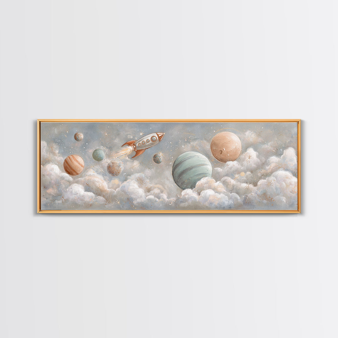 Rocket Ship and Smiling Planets Canvas Print, Nursery Art, Baby Girl Nursery, Nursery Decor, Oil Painting, Nursery, NUR-3x1-85