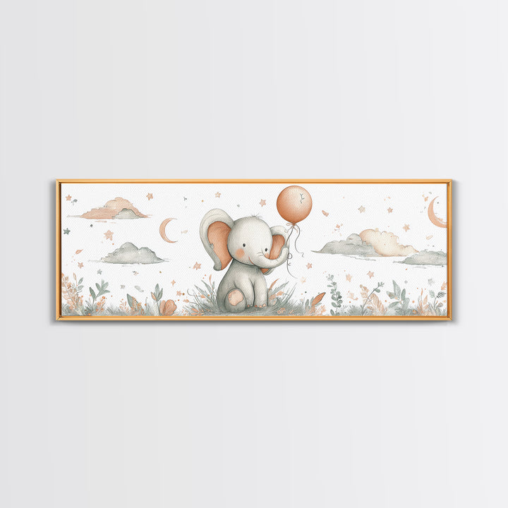 Sleepy Baby Elephant Holding a Tiny Balloon Framed Canvas Print, Nursery Art, Woodland Nursery Art, Nursery Decor, Oil Painting, NUR-3x1-89