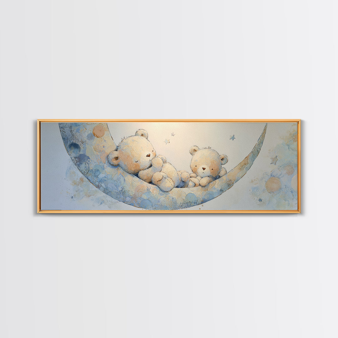 Baby Bear Floating on a Crescent Moon Canvas Print, Nursery Art, Digital Download Art, Nursery Decor, Watercolor Art, Nursery, NUR-3x1-94