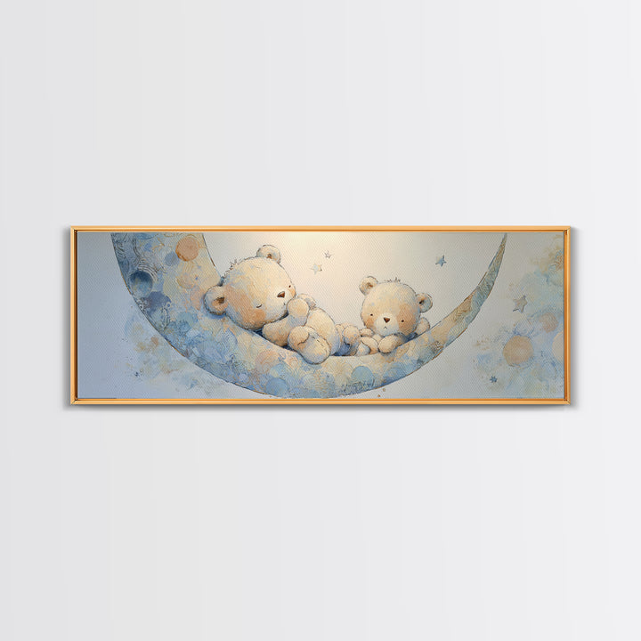 Baby Bear Floating on a Crescent Moon Canvas Print, Nursery Art, Digital Download Art, Nursery Decor, Watercolor Art, Nursery, NUR-3x1-94