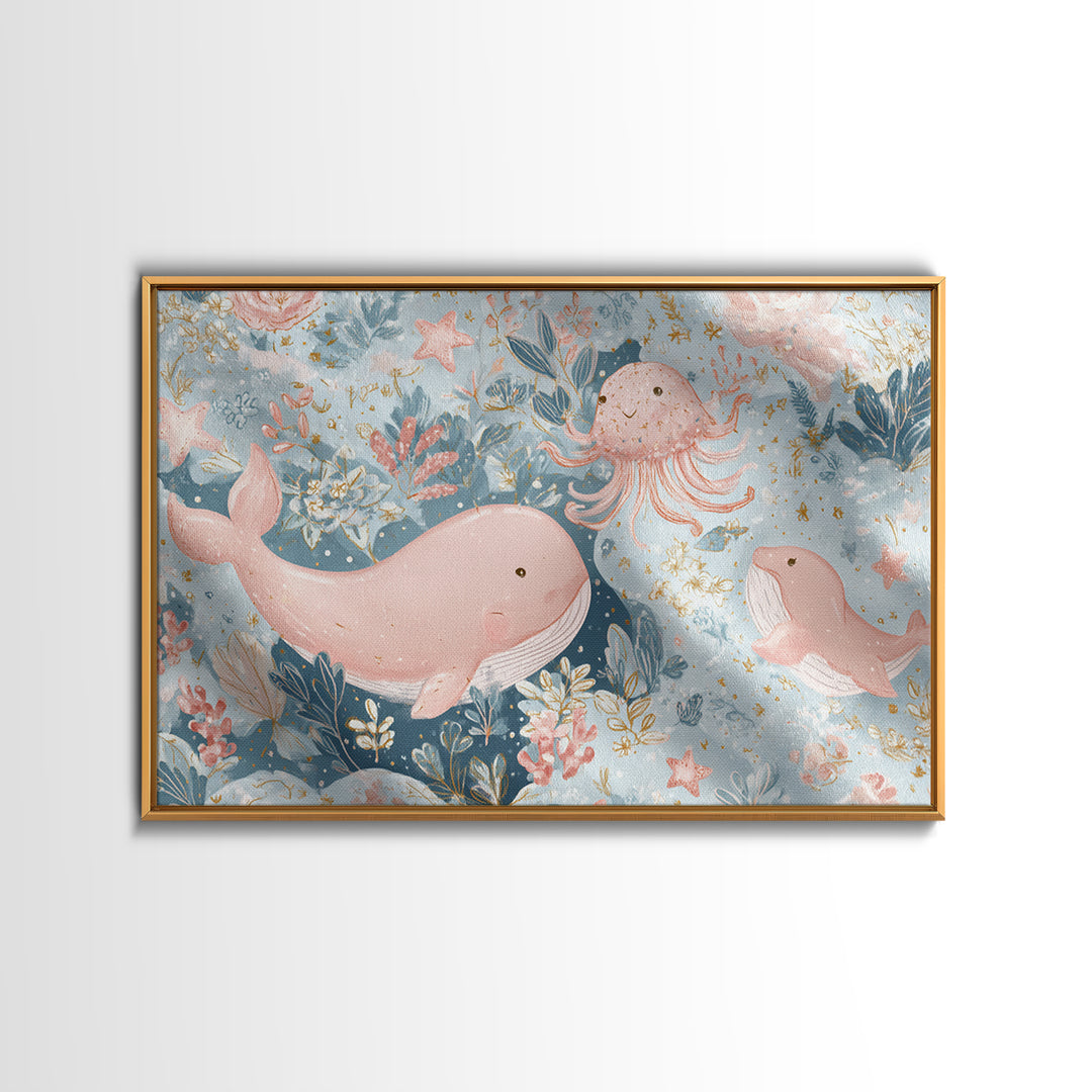Friendly Ocean Creatures Framed Canvas Print, Nursery Art, Modern Decor, Nursery Decor, Fine Art, Nursery, Art Print, NUR-3x2-100