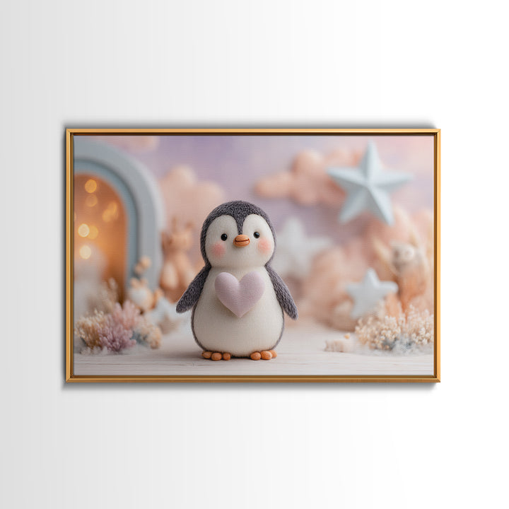 Penguin Holding a Little Heart Shape Framed Canvas Print, Nursery Art, Nursery Wall Art, Nursery Decor, Fine Art, Nursery, NUR-3x2-14