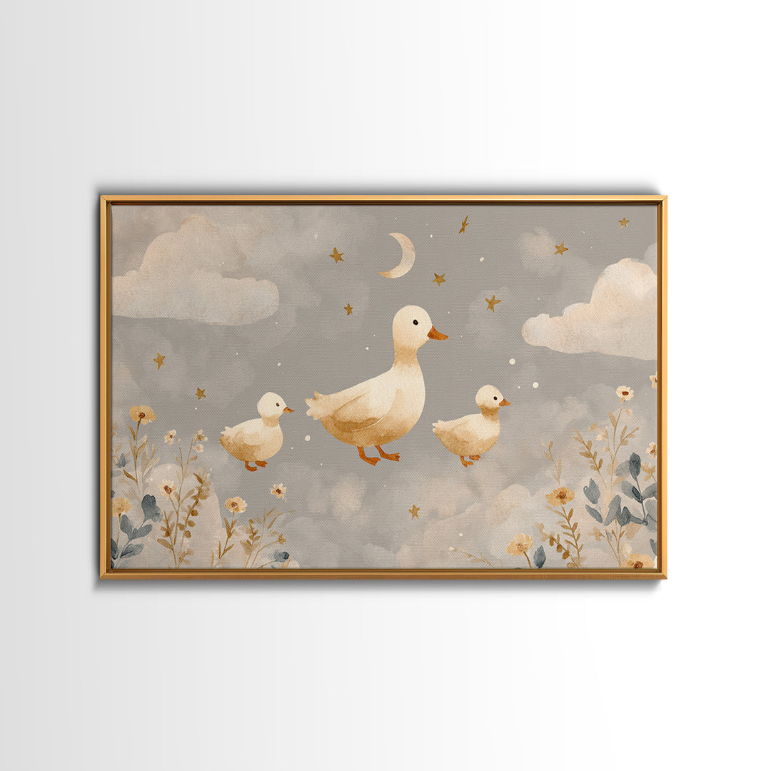 Ducklings Following a Mother Duck Framed Canvas Print, Nursery Art, Printable Art, Nursery Decor, Nursery, Watercolor Print, NUR-3x2-18